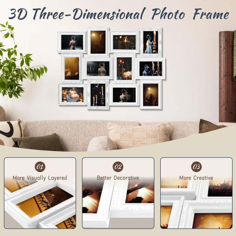 Jerry & Maggie 12 Opening Collage Photo Frame Rustic 23Ã—18 Vintage Embossed Finish PVC Picture Frames Selfie Gallery Collage Wall Hanging For 6Ã—4 Photo, White - Image 5